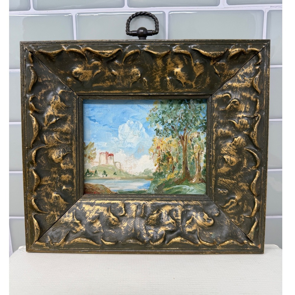VTG Miniature European Landscape Painting Ornate Olive Gold Frame